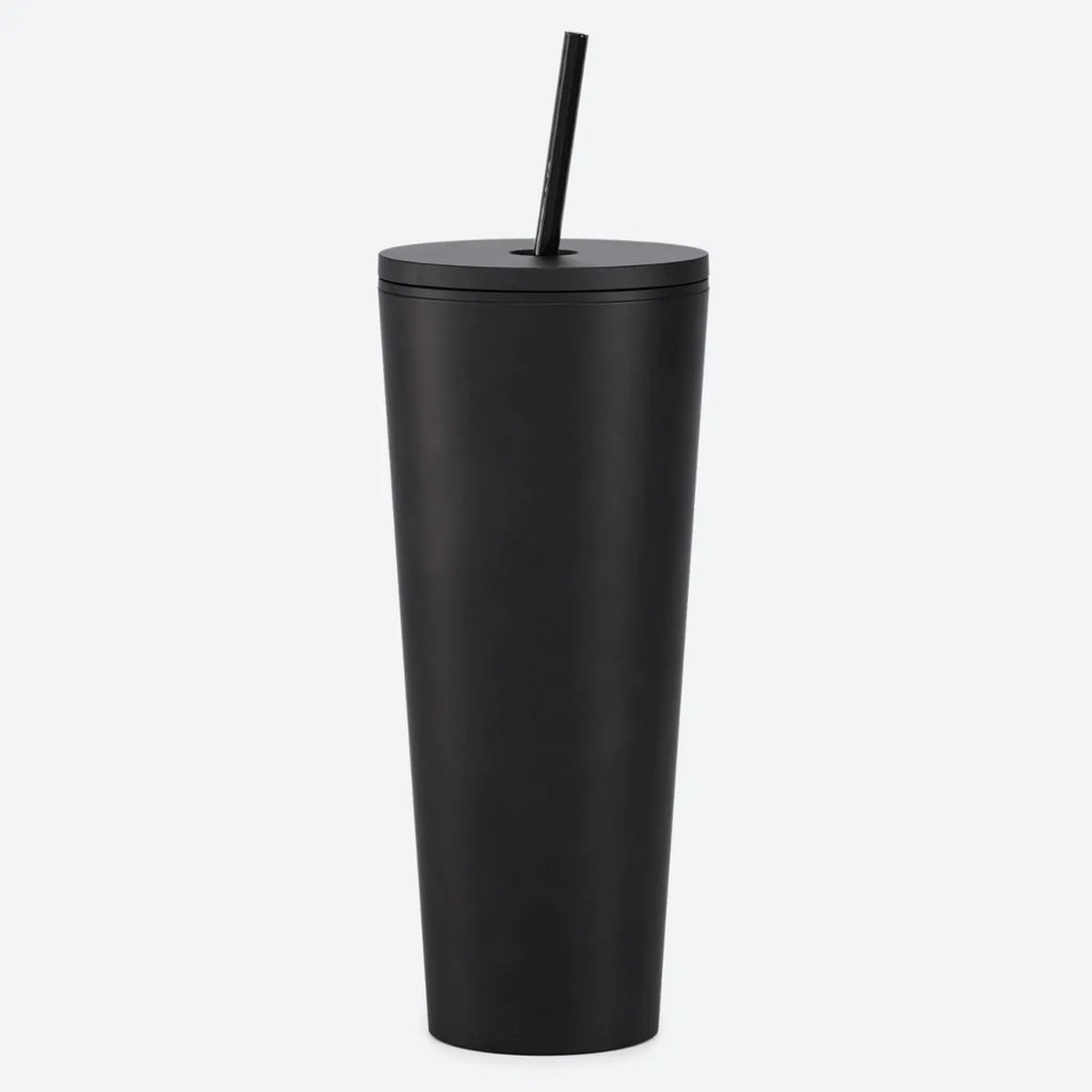 Blank 24 Oz Large Soft Matte Black Acrylic Classic Tumbler With Flush Screw  on Lid and Straw 